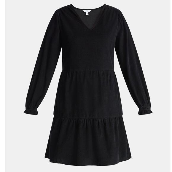 NEW Women's Tiered Corduroy XL Mini Dress with Pockets Long Sleeve BLACK SOOT - Picture 1 of 4